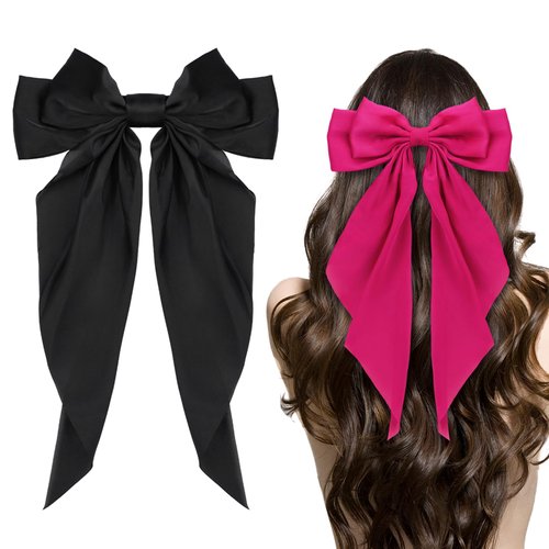 Ambesi Hair Bow Clips, Black Fuchsia Long Tail French Hair Bows, Hair Clips Tassel Ribbon Bow for...