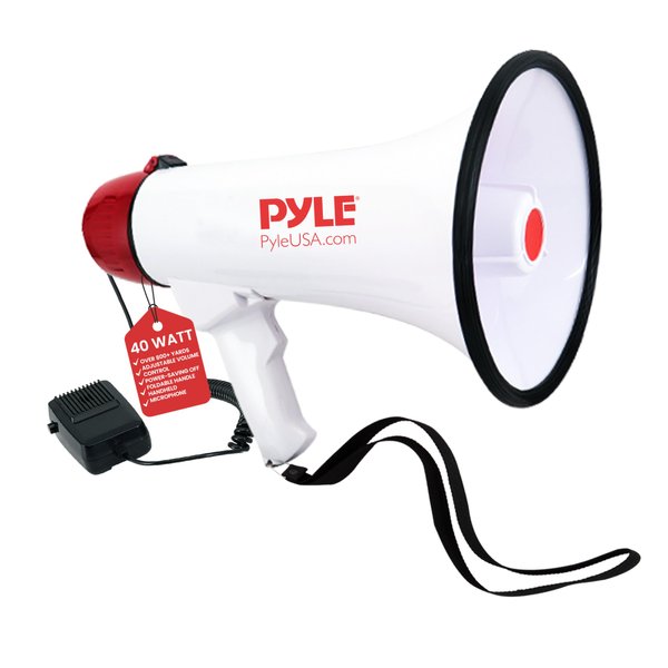 Pyle 40 Watt Professional Megaphone Clear Sound & Ergonomic Grip - Multi-Function with Talk, Siren, Volume Control - Detachable Handheld Mic - Indoor & Outdoor Sports, Emergency Response