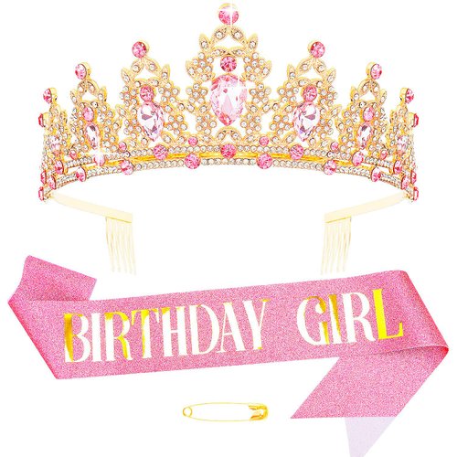Didder Pink and Gold Birthday Sash and Crown for Women Girls Birthday Girl Sash and Tiara Princess Birthday Party Decorations Headpiece Crown Headband for Girls