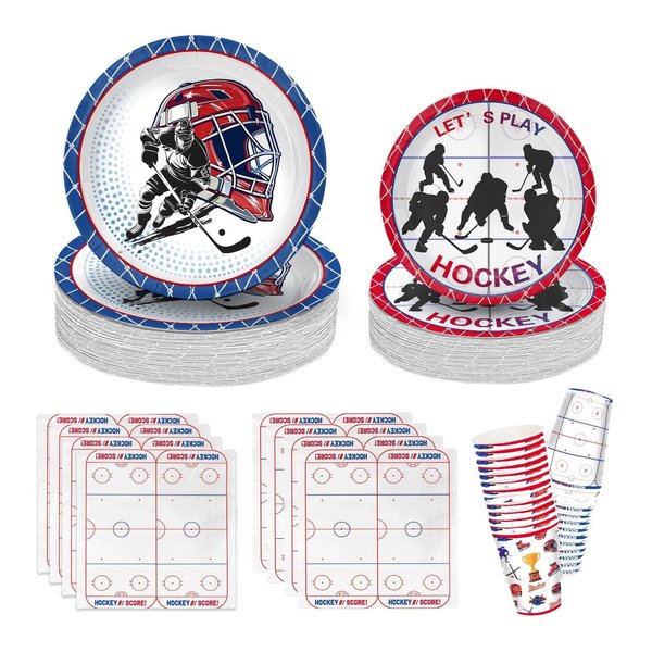 104 PCS Hockey Party Table Supplies Kit Serve 26, Includes Dinner Plates, Dessert Plates, Napkins, Cups for Ice Hockey Birthday Party Sport Events Decorations Favors