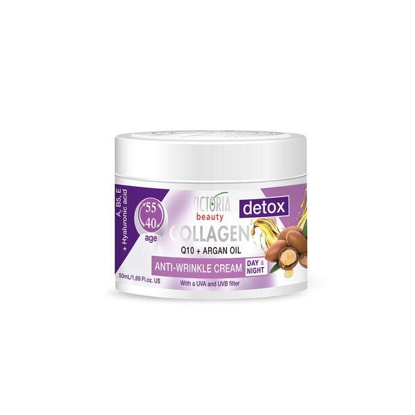Skin Care Detox Day and Night Face Cream Anti-Aging Moisturiser with Collagen, Hyaluronic Acid, Q10, Argan Oil, and a UVA/UVB Filter for Ages 40 – 55, 50 ml