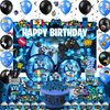 Mpanwen Blue Gamer Birthday Party Decoration - 218Pcs Video Game Gaming Party Supplies For Boys Birthday Party - Backdrop, Table Cover, Cupcakes Wrappers, Stickers, Bracelets Serves 10 Guests