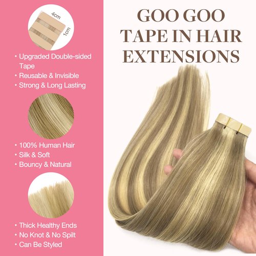 GOO GOO Tape in Hair Extensions Human Hair, 16/22 Light Blonde Highlighted Golden Blonde, 24inch 50g 20pcs, Thick Ends Straight Seamless Tape in, Invisible Tape in Hair Extensions Human Hair
