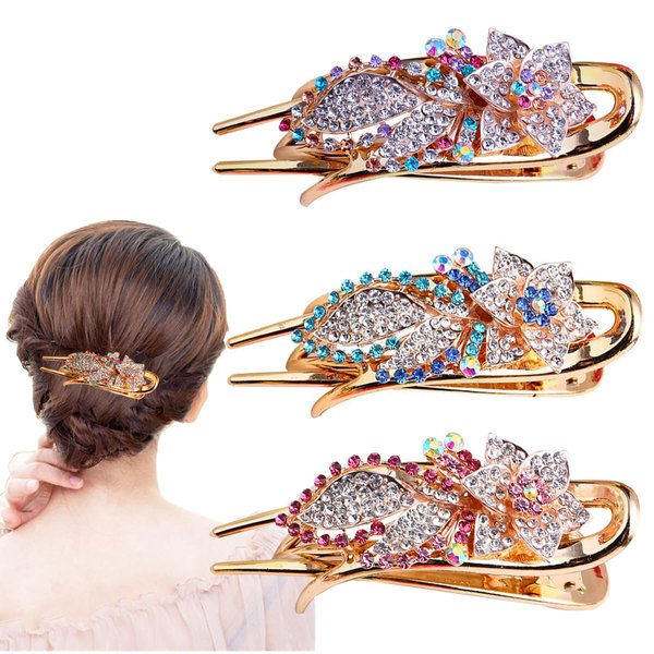 3 PCS Flower Style Rhinestone Hair Clip,Duckbill Flower Butterfly Hair Barrettes, Luxury Fancy Glitter Sparkly Crystals Rhinestones Decorative Flower Hair Claws Clips, Adult Hair Jewelry