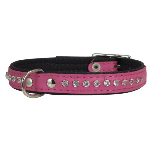 Dogs My Love Rhinestone Genuine Leather Dog Collar (Pink, 8"-9.5" Neck)