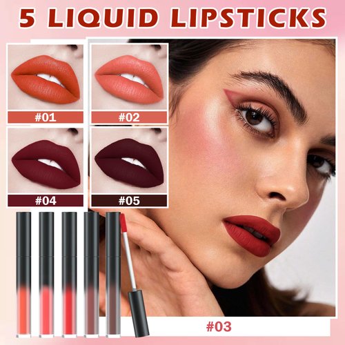 CAHIUYOA 5PCS Matte Liquid Lipstick Set Ruby Dark Brown Red Lip Tint Stain Lip Gloss Set for Women Velvet Long Lasting Waterproof Lipstick Lip Makeup Sets 05