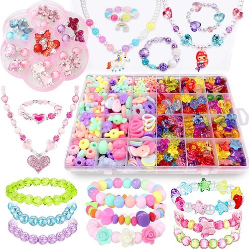 ANDYKEN Bead Kits for Jewelry Making - Craft Beads for Kids Girls Jewelry Making Kits Colorful Acrylic Girls Bead Set Jewelry Crafting Set (with Clip-on Earrings)