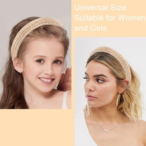 AHONEY Rhinestone Headband for Women Girls, Hair Bling Crystal Glitter Sparkly Diamond Padded Headband Fancy Jeweled Headpiece Holiday Hair Accessories Birthday Gifts (Gold)