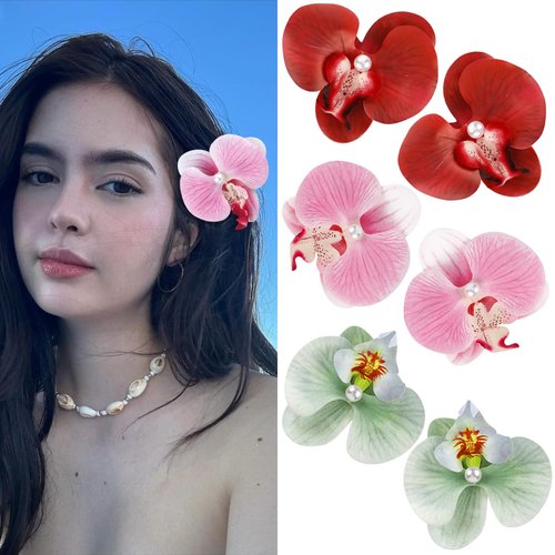 6pcs Orchid Flower Hair Clips for Women,Hawaiian Bohemian Butterfly Orchid Hair Barrettes for Summer,Beach Party,Photo-shoot Boho Hair Clip Flower Hair Accessories for Women Girls (A)