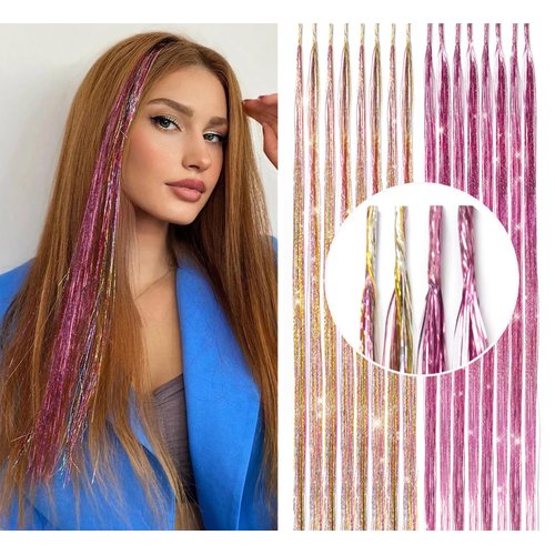 Hair Tinsel Kit 24 Inches Tinsel Hair Extensions with Tools Synthetic Feather Hair Extensions Heat Resistant Fairy Hair Tinsel Kit 2 Colors 16 Pieces