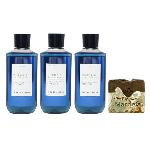 Bath & Body Works Suede & Sandalwood 3 Pack 3-in-1 Hair, Face & Body Wash Bundle with a Cabin Spice Bar Soap - Full Size