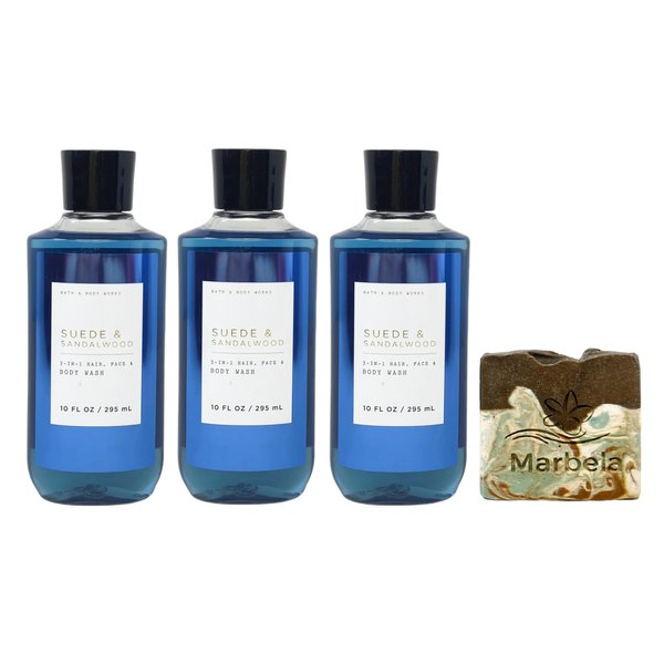 Bath & Body Works Suede & Sandalwood 3 Pack 3-in-1 Hair, Face & Body Wash Bundle with a Cabin Spice Bar Soap - Full Size