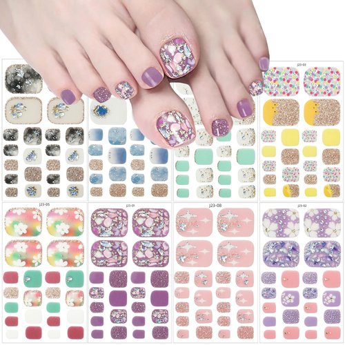 Toenail Polish Stickers 8 Sheets Glitter Flower Stars Self-Adhesive Designs Toe Nail Stickers Full Toe Nail Wraps Sticker Toenail Polish Nail Strips with Nail Files for DIY Toe Nails Manicure Decals