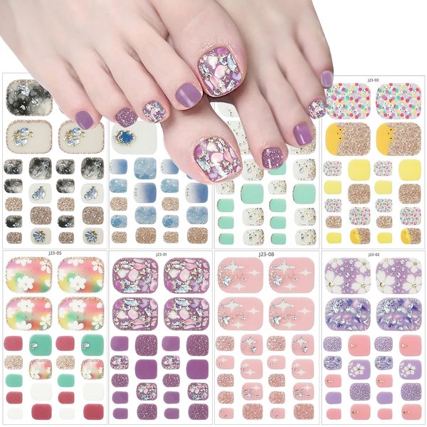 Toenail Polish Stickers 8 Sheets Glitter Flower Stars Self-Adhesive Designs Toe Nail Stickers Full Toe Nail Wraps Sticker Toenail Polish Nail Strips with Nail Files for DIY Toe Nails Manicure Decals