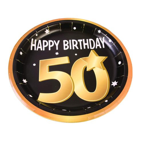 Forum Novelties X81639 50th Birthday Paper Plates 9" (8 in pkt), Black, Gold, White