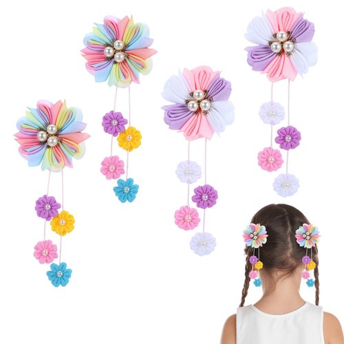 Tyqour 4Pcs Hair Bows for Girls Cute Flower Hair Accessories for Girls Flower Tassels Pearl Hair Clip Flower Hair Pins Hairgrips Grosgrain Ribbon Bows with Alligator Clips for Women Girl