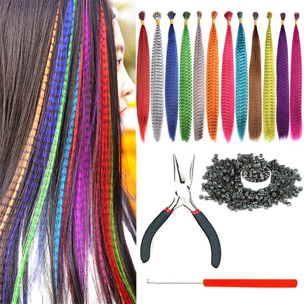 Xiaofeng 16 Inch Feather Hair Extensions Kit for Women Girls 65 Pcs Synthetic I-tip Hair Feathers 13 Mixed Colors with Tools 1Pliers 1 Crochet Hook 100 Pcs Hair Beads (16 inch)