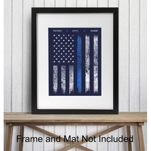 Police Flag Art Print - Rustic Wall Art Poster - Chic Home Decor for Office, Man Cave, Station, Gift for Police Officer, First Responder - 8x10 Photo Unframed