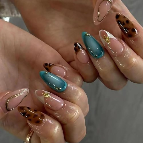 Almond Press On Nails Medium Fall Fake Nails With Design 3D Autumn Brown Blue Nude False Nails Glossy Full Cover Acrylic Glue On Nails Reusable Stick On Nails For Women Girls DIY French Manicure 30PCS