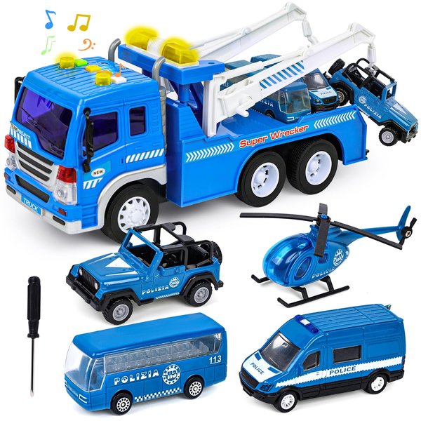 LovesTown 5PCS Tow Truck Toy Set, Blue Truck with Lights and Sounds and Small Die-cast Toy Trucks Police Wrecker Truck Set for Kids Birthday Present
