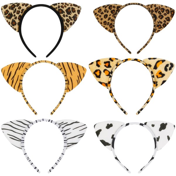 WOVOWOVO 6 Pieces Leopard Cat Ear Headband for Women Animal Ears Hairbands Cheetah Ears Headbands Halloween Cosplay Costume Theme Party Decorations for Kids Adults