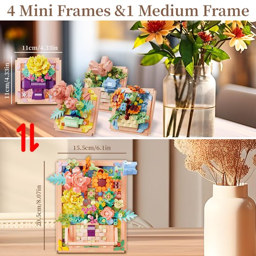 Flowers Building Set for Women - 4 In 1 3D Flower Picture Frames Building Sets, Rose Sunflower Botanical Collection Home Office Decor, Ideas Gift for Valentine Mother's Day Birthday Xmas Girls Adults