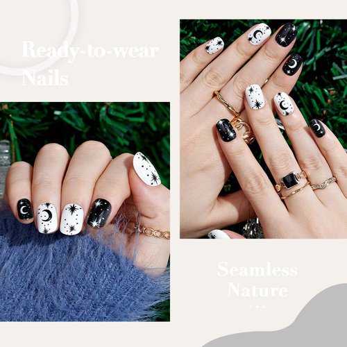 GLAMERMAID Press on Nails Extra Short Squoval, Gothic Black and White Glue on Gel Nails with Stars Design, 24Pcs Round Reusable UV Finish Fake Nails Acrylic False Nails Manicure Kits for Women Gifts