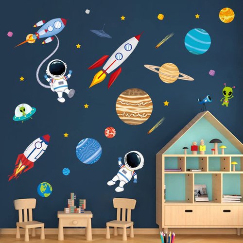 decalmile Outer Space Wall Decals Rocket Planets Astronaut Wall Stickers Baby Nursery Boys Bedroo...