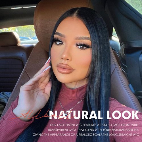 Allbell Synthetic Lace Front Wig 28Inch Long Black Wigs for Women Long Straight Black Wig with Baby Hair Free Part 13×4 Frontal HD Lace Wig Heat Resistant Fiber