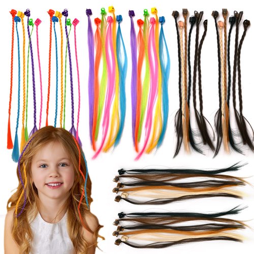 Bekecidi 48 Pack Hair Accessories for Girls, Colored Hair Extensions for Kids Nylon Rainbow Hair Clips for Toddler Kids Girls Ponytails Accessories (2Styles 12 Colors)