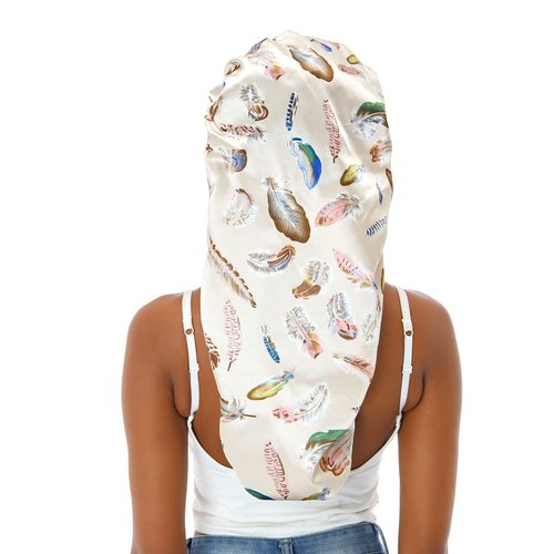Sent Hair Extra Long Bonnet Sleeping Cap with Elastic Band, Single Layer Silky Satin Bonnet Night Sleep Cap for Women Braids/Dreadlocks/locs/Curly/Long Hair (Beige Feathers)