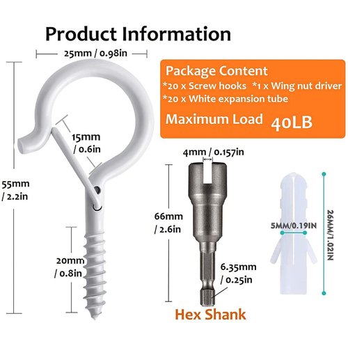 Zzbety 20 PCS Q-Hanger Hooks White Screw Hooks with Safety Buckle Design Christmas Lights Hanger Hooks Outdoor Wire Fairy Lights and String Lights, Easy to Release, Include 1 Wing Nut Driver