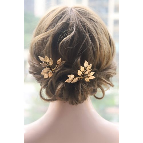 Kercisbeauty Wedding Leaf Leaves Hair Pins for Bride Bridal Bridesmaids Hair Piece Rustic Wedding Prom Vintage Handmade Bobby Pins 2pcs (Gold)