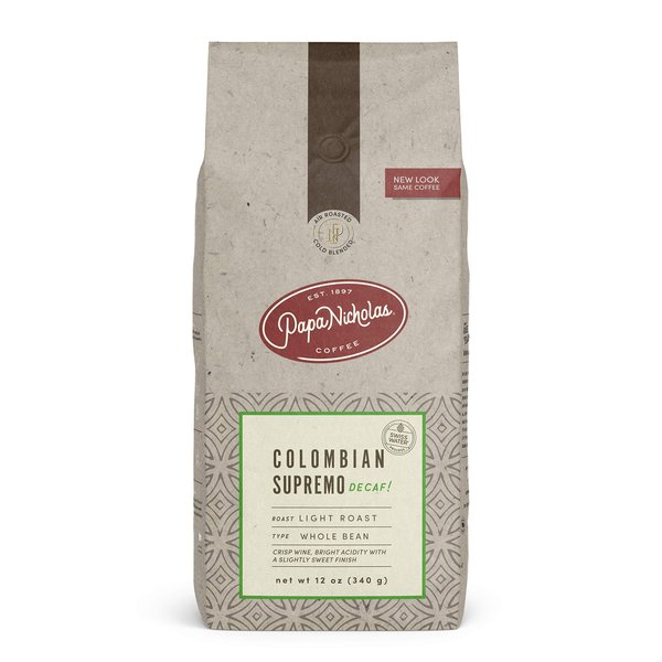 PapaNicholas Coffee Whole Bean Coffee, Decaffeinated, Colombian, 12 Ounce