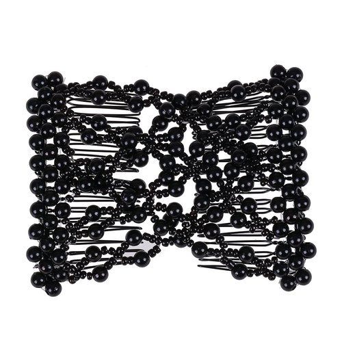 Ruihfas Delicate Women Girls Easy Stretch Pearls Combs Beaded Hair Comb Jewelry Double Clips (Black)