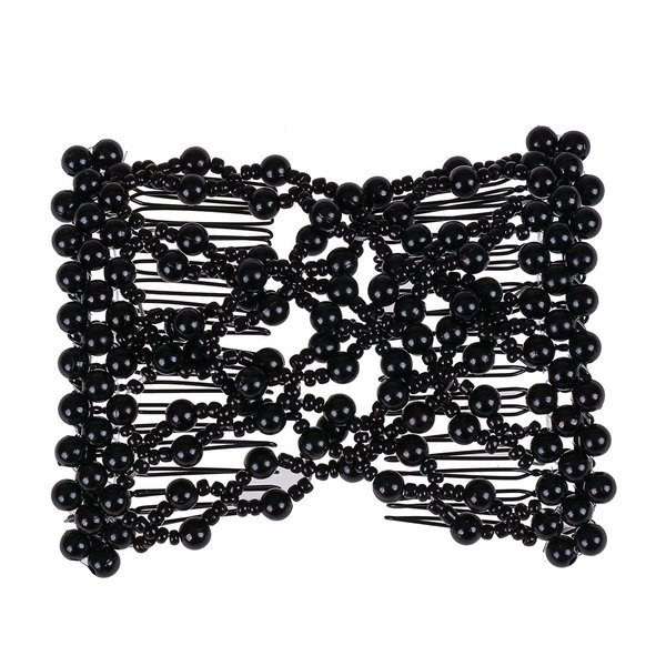 Ruihfas Delicate Women Girls Easy Stretch Pearls Combs Beaded Hair Comb Jewelry Double Clips (Black)