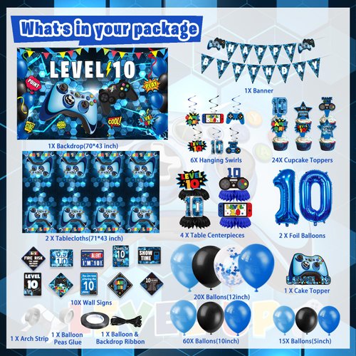 KOTLMIGHT 10th Birthday Decorations for Boys, 149Pcs Blue Video Game level 10 Party Supplies for Boy 10th Birthday - Backdrop, Banner, Balloons, Tablecloth, Centerpieces, Hanging Swirls, Wall Signs