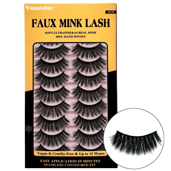 VANAODUC False Eyelashes 15-20MM, Faux Mink Lashes 5D Fluffy Round Full Volume Fake Lashes Pack, 10 Pairs Eye Lashes,Lightweight & Comfortable, Reusable,Cruelty-Free