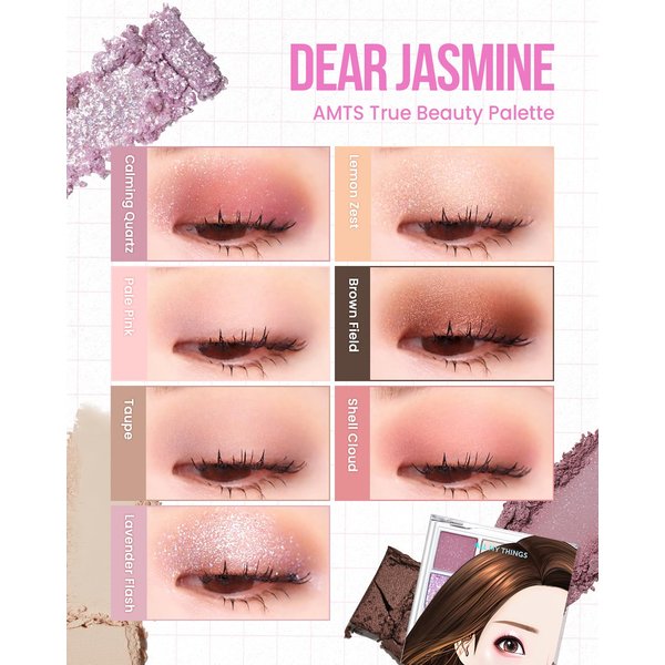 AMTS True Beauty Dear Jasmine Eyeshadow Palette, Matte Shimmer Glitter Highly Pigmented,Ultra-Blendable Naturing-Looking Day to Night Long Lasting, Cheek blush, K Beauty