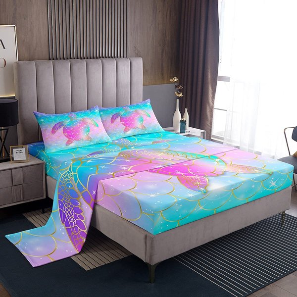 Erosebridal Mermaid Scales Fitted Sheet for Girls, Tortoise Reptile Sheet Set Twin Size, Sea Turtle Ocean Life Bed Sheets for Kids Children Boys Women, Sweet Girly Top Sheet, Teal Blue