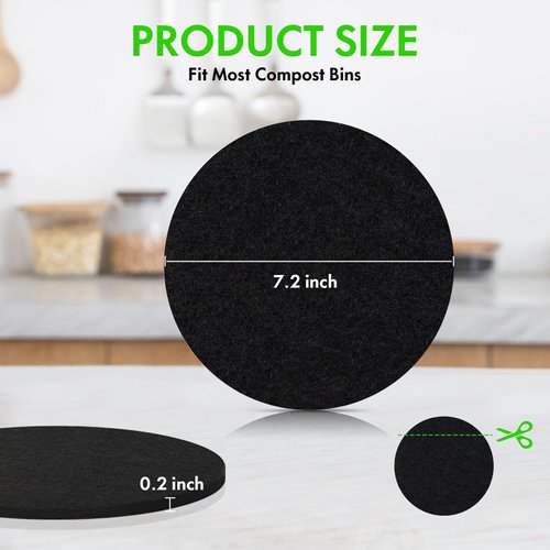 7.2 Inch Kitchen Compost Bin Filters Charcoal Replacements, ENLOY 12 Pack Charcoal Filters for Countertop Home Bucket, Longer Lasting Round Extra Thick Activated Charcoal