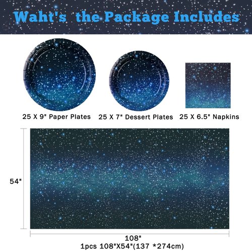 Starry Galaxy Party Supplies,Night Sky Party Tableware,Outer Space Theme Birthday Party Decoration Disposable Dinnerware Set Paper Plates Napkins Tablecloth for Boys Girls Birthday Serve 25 Guests