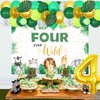 Jungle Theme 4th Birthday Decorations, Four Ever Wild Birthday Decorations Boy, Sage Green Jungle Balloon Arch Kit, Four Ever Wild Backdrop, Number 4 Foil Balloons Artificial Palm Leaves