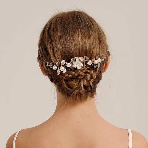 BERYUAN White Flowers Leaves Rhienstone Wedding Hair Comb Gold Leaves Flowers Hairpiece Gold Wedding Headband Rhinestone Crystal Gold Bridal Headpiece for Women