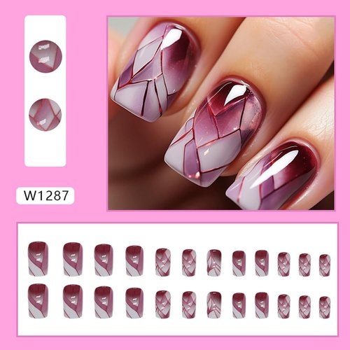 24Pcs Square Press on Nails Medium Fake Nails with Glossy Full Cover False Nails and Wine Red Broken Glass Pattern Acrylic Nails Square Glue on Nails for Women Manicure