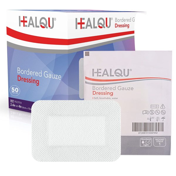 HEALQU Bordered Gauze Island Dressing - 50 Count, 2.4"x4" Sterile Individually Wrapped Gauze Pads with Water-Resistant, Non-Woven Backing - Soft and Breathable Wound Dressing for First Aid & Medical