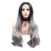 RainaHair Long Wavy Lace Front Wigs for Women Black Roots to Grey Ombre Synthetic Wig with Middle Parting Heat Resistant 24inch