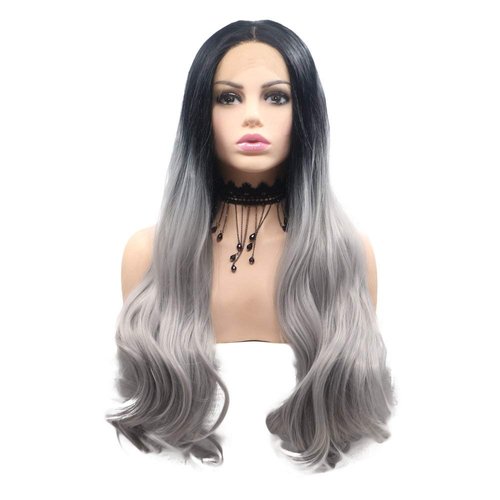 RainaHair Long Wavy Lace Front Wigs for Women Black Roots to Grey Ombre Synthetic Wig with Middle Parting Heat Resistant 24inch