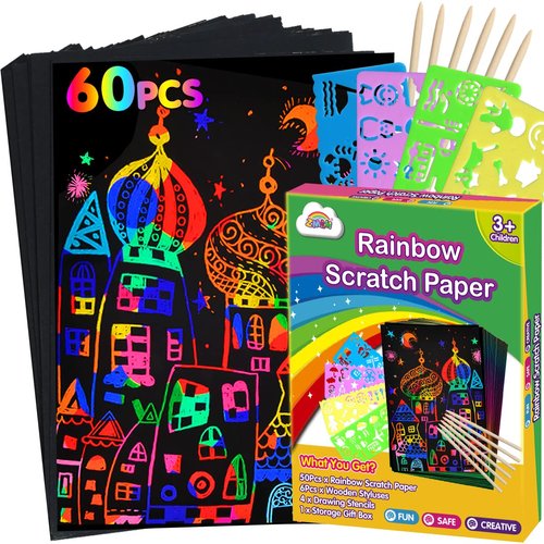 ZMLM Scratch Paper Art Set: 60Pcs Magic Drawing Art Craft Kid Easter Basket Stuffers Scratch Paper Supply Toddler Preschool Learning Toy for Age 3 4 5 6 7 8 Girl Boy Valentine's Day Birthday Gift