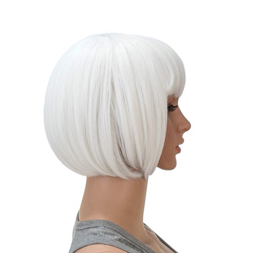 SWACC 10 Inch Short Straight Bob Wig with Bangs Synthetic Colorful Cosplay Daily Party Flapper Wig for Women and Kids with Wig Cap (White)